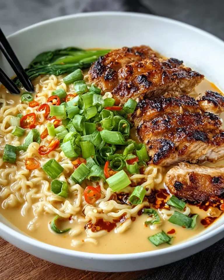 Bowl of Fiery Chicken Ramen with Creamy Garlic Sauce, featuring sliced smoky chicken, chewy ramen noodles, rich spicy broth, creamy garlic drizzle, green onions, and a touch of chili oil, served in a rustic bowl on a wooden table.