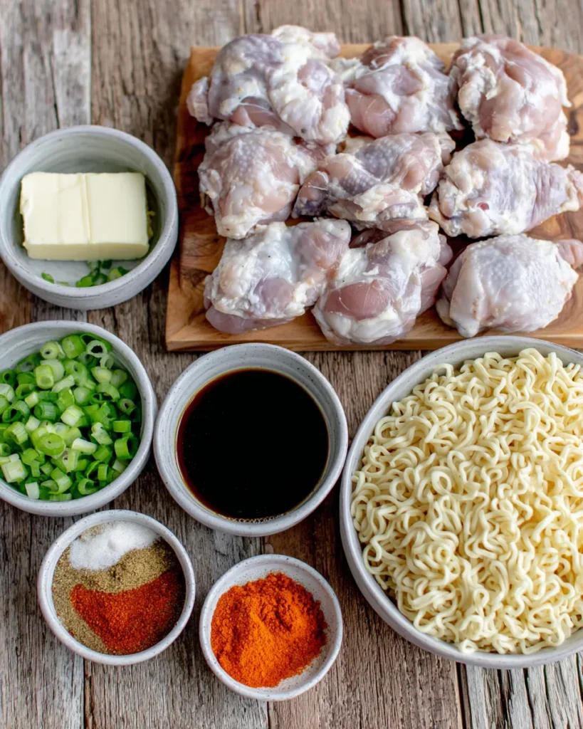 Raw ingredients for Fiery Chicken Ramen with Creamy Garlic Sauce, including fresh chicken thighs, uncooked ramen noodles, chicken broth, heavy cream, garlic cloves, butter, soy sauce, chili powder, paprika, sesame oil, green onions, and chili oil, arranged on a rustic kitchen table.