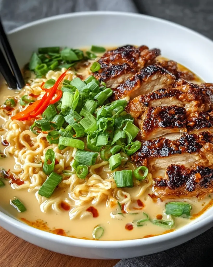 Bowl of Fiery Chicken Ramen with Creamy Garlic Sauce, featuring sliced smoky chicken, chewy ramen noodles, rich spicy broth, creamy garlic drizzle, green onions, and a touch of chili oil, served in a rustic bowl on a wooden table.
