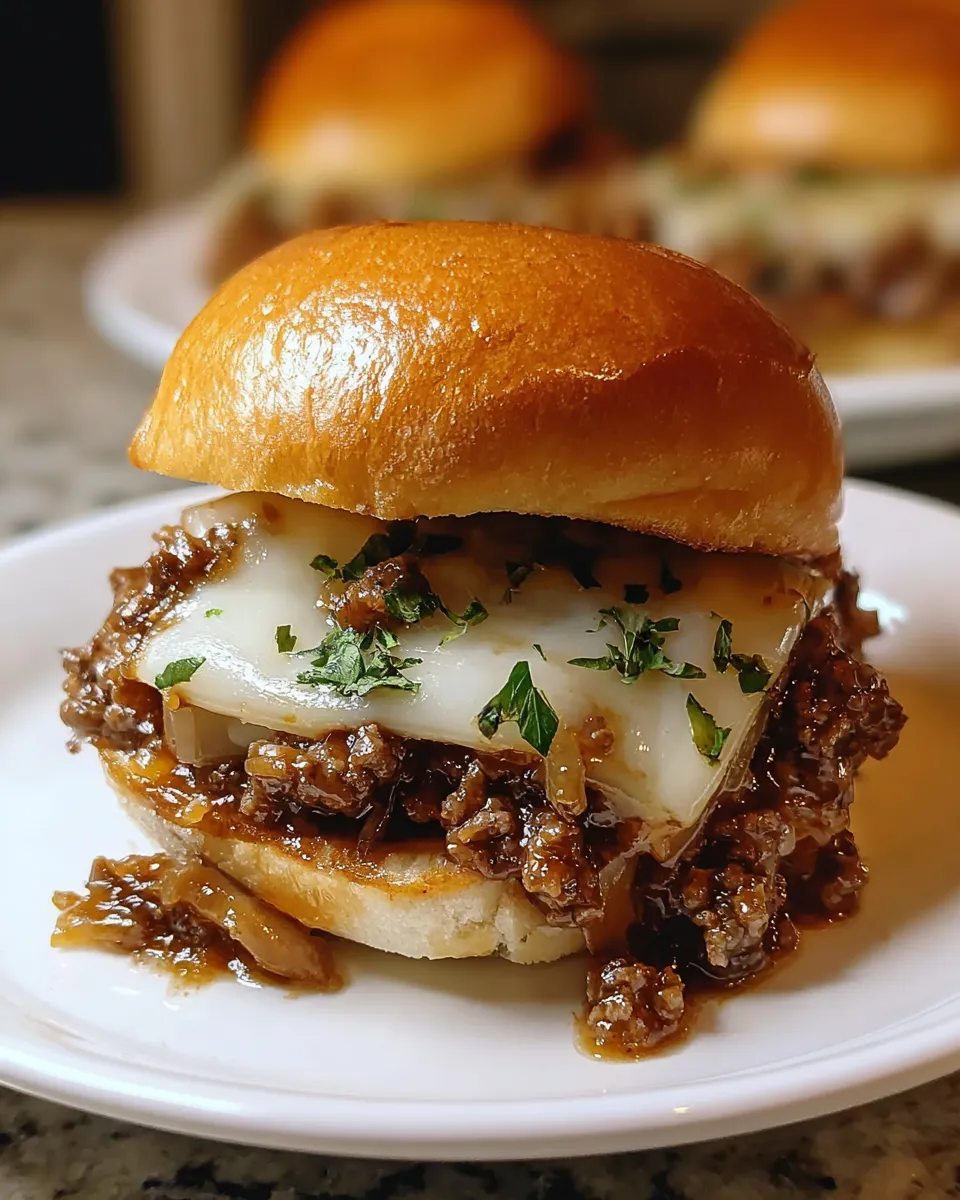 Raw ingredients for Irresistible French Onion Beef Sloppy Joes arranged on a white marble surface, including ground beef, sliced onions, garlic cloves, olive oil, Worcestershire sauce, soy sauce, dried thyme, Swiss cheese, hamburger buns, and fresh parsley.