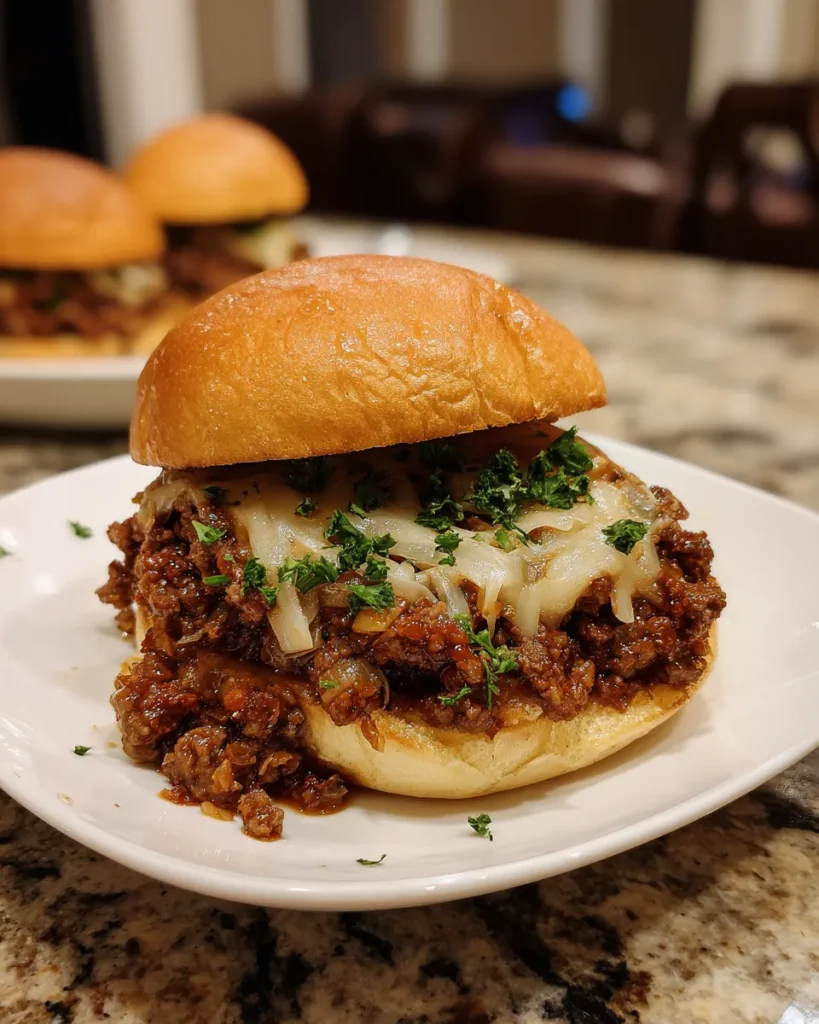 Raw ingredients for Irresistible French Onion Beef Sloppy Joes arranged on a white marble surface, including ground beef, sliced onions, garlic cloves, olive oil, Worcestershire sauce, soy sauce, dried thyme, Swiss cheese, hamburger buns, and fresh parsley.