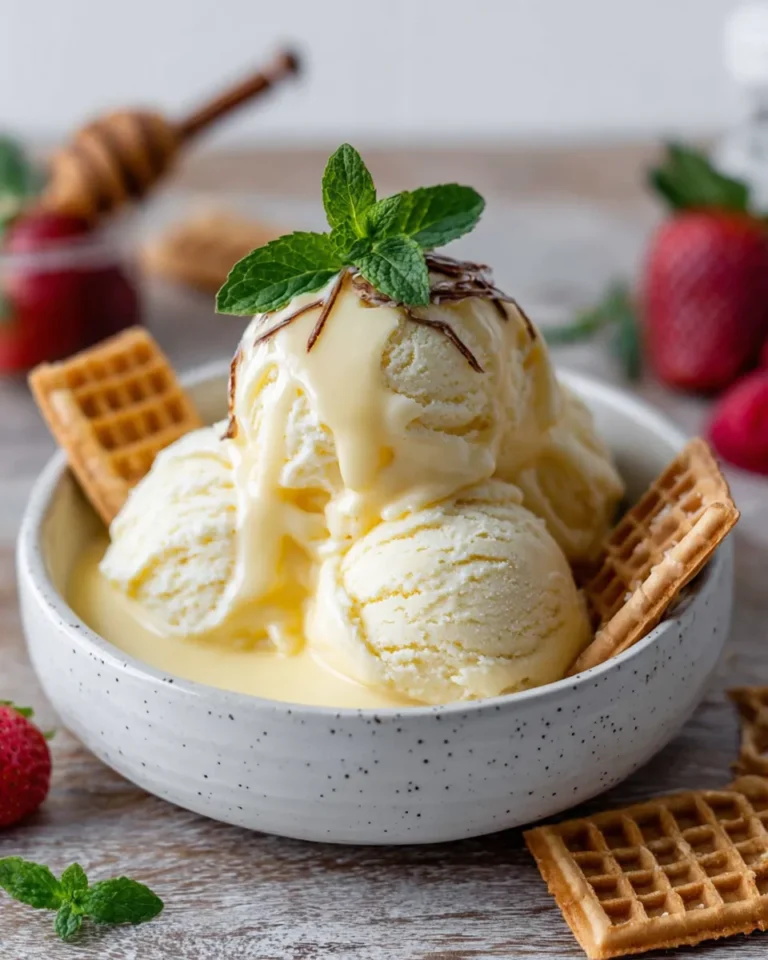 Homemade French custard ice cream with pale golden color and soft, smooth texture