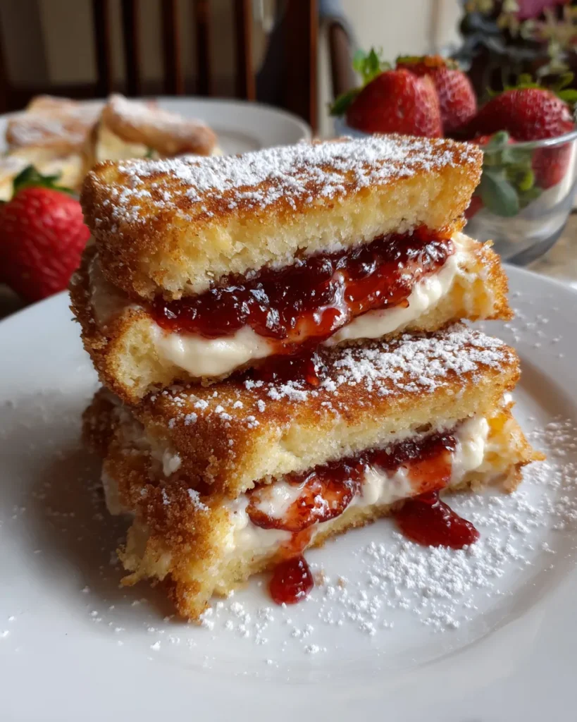 A close-up of fried strawberry cheesecake sandwiches on a white marble counter, showing golden, crispy bread with creamy cheesecake and strawberry jam oozing from the sides. Lightly dusted with powdered sugar, the sandwiches are served warm in soft, natural lighting with a slightly blurred, casual framing.