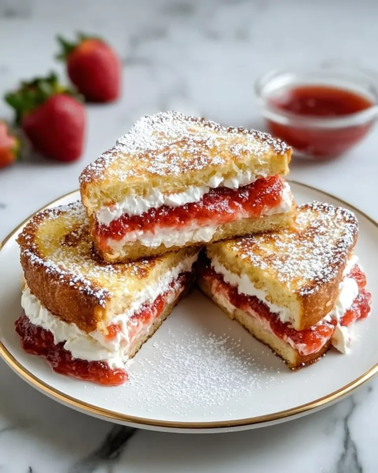 A close-up of fried strawberry cheesecake sandwiches on a white marble counter, showing golden, crispy bread with creamy cheesecake and strawberry jam oozing from the sides. Lightly dusted with powdered sugar, the sandwiches are served warm in soft, natural lighting with a slightly blurred, casual framing.