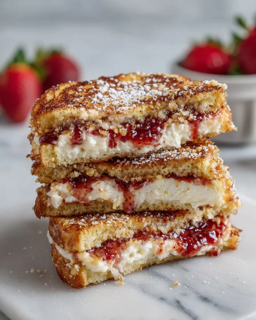 A close-up of fried strawberry cheesecake sandwiches on a white marble counter, showing golden, crispy bread with creamy cheesecake and strawberry jam oozing from the sides. Lightly dusted with powdered sugar, the sandwiches are served warm in soft, natural lighting with a slightly blurred, casual framing.