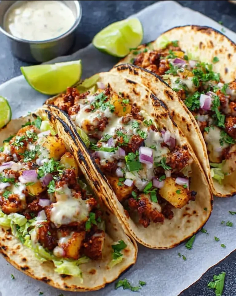 Close-up of Garlic Butter Honey BBQ Chicken Tacos filled with juicy chicken in garlic butter honey BBQ sauce, topped with shredded lettuce, melted cheddar cheese, diced red onion, fresh cilantro, and a squeeze of lime, served in warm tortillas