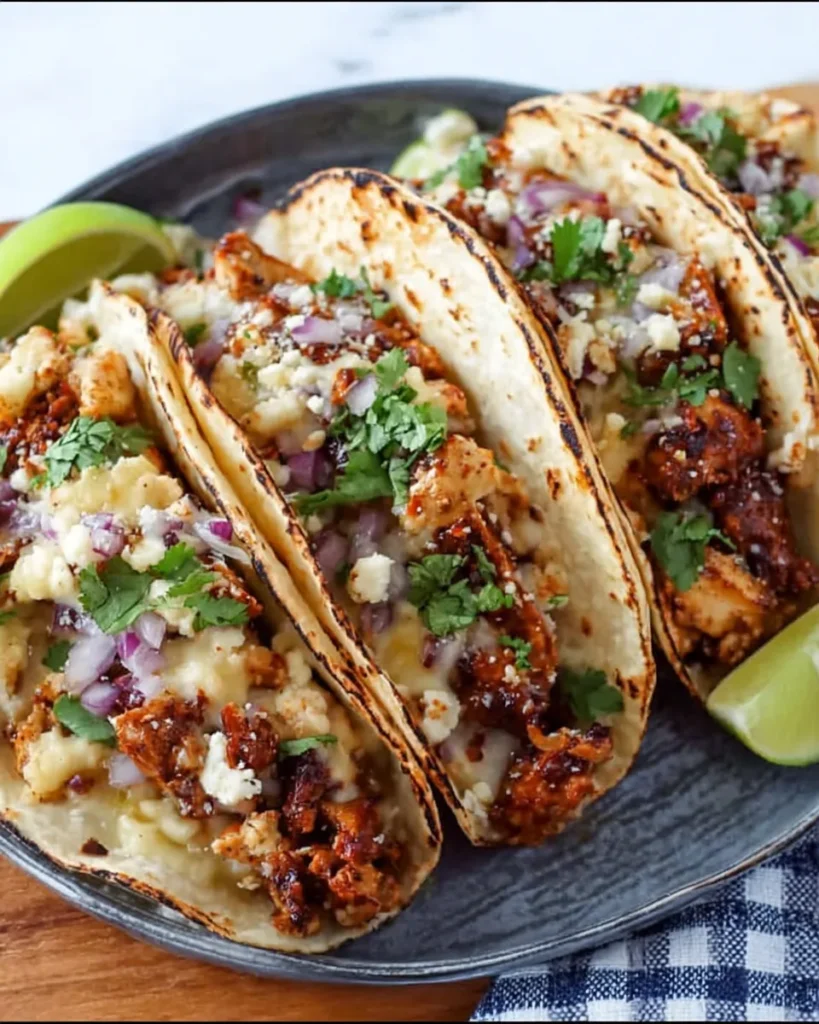 Close-up of Garlic Butter Honey BBQ Chicken Tacos filled with juicy chicken in garlic butter honey BBQ sauce, topped with shredded lettuce, melted cheddar cheese, diced red onion, fresh cilantro, and a squeeze of lime, served in warm tortillas