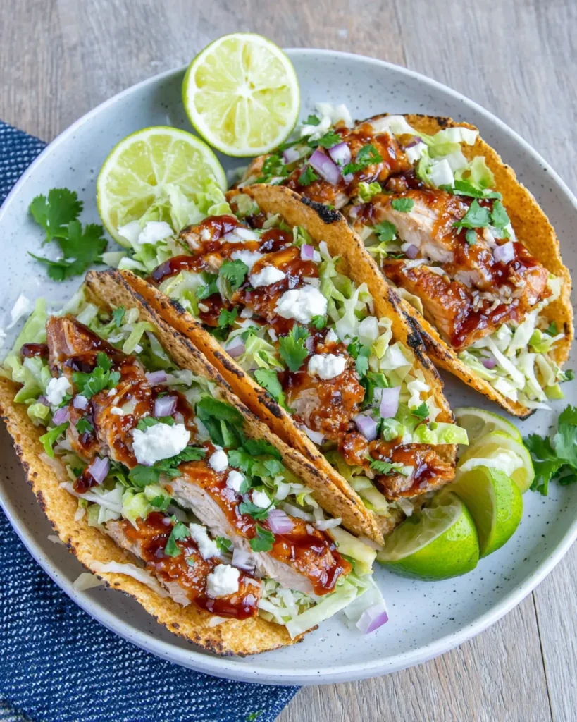 Close-up of Garlic Butter Honey BBQ Chicken Tacos filled with juicy chicken in garlic butter honey BBQ sauce, topped with shredded lettuce, melted cheddar cheese, diced red onion, fresh cilantro, and a squeeze of lime, served in warm tortillas