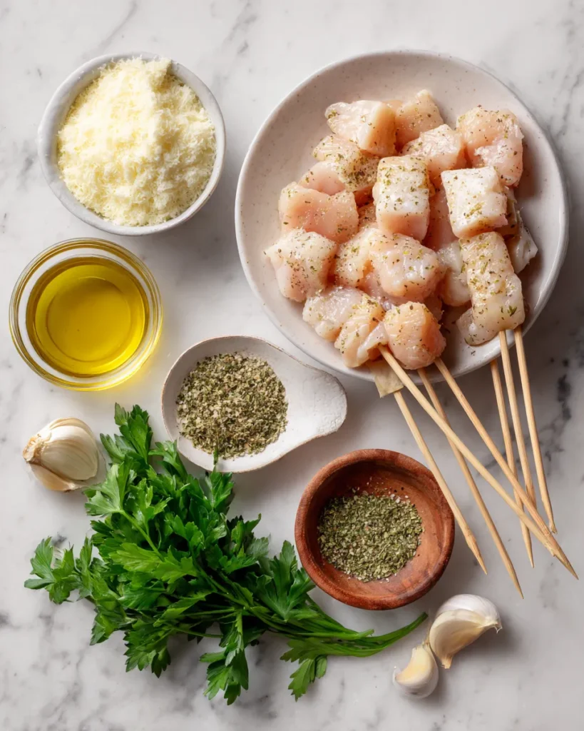 Ingredients for Garlic Parmesan Chicken Skewers arranged on a white marble kitchen counter, including cubed chicken breast, olive oil, minced garlic, grated Parmesan, dried Italian herbs, salt, pepper, fresh parsley, and wooden skewers, shown in natural lighting with a clean, overhead view.