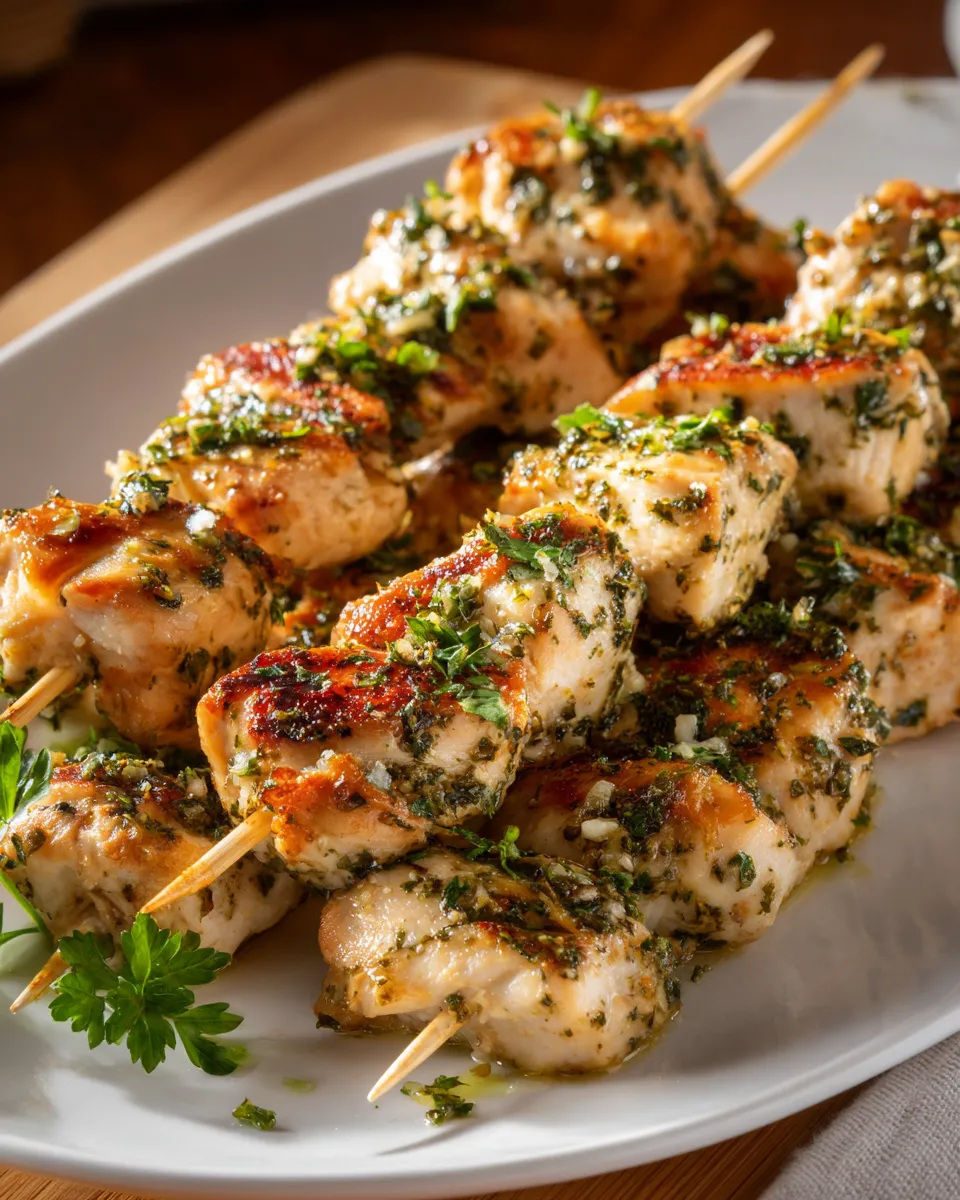 Grilled Garlic Parmesan Chicken Skewers served hot with golden grill marks, garnished with chopped parsley, displayed on a rustic plate in a casual kitchen setting.