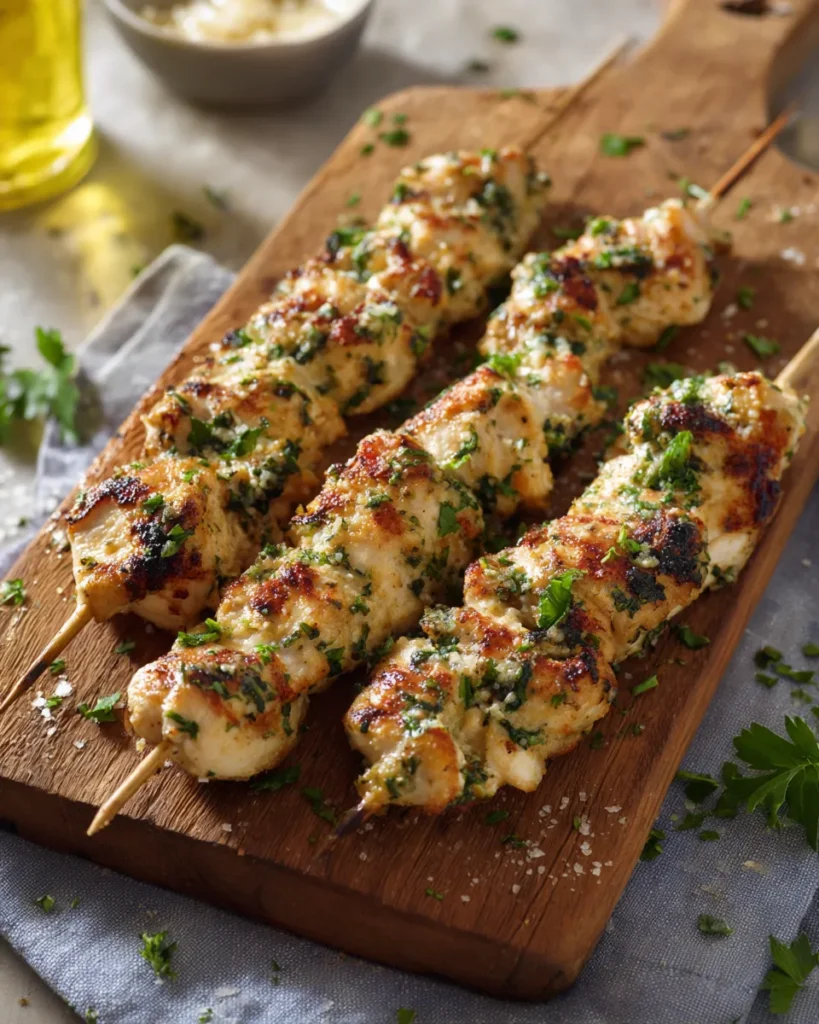 Garlic Parmesan Chicken Skewers fresh off the grill, juicy and golden, topped with parsley and served on a plate, perfect for summer dinners or easy weeknight meals.