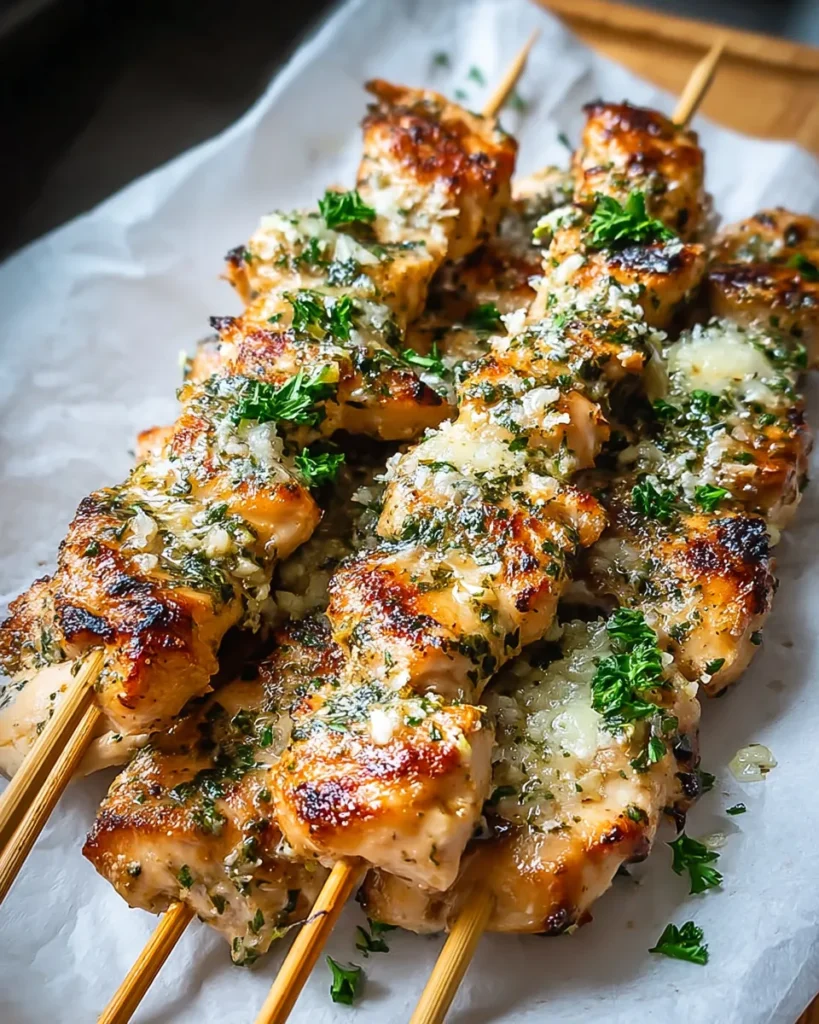 Garlic Parmesan Chicken Skewers fresh off the grill, juicy and golden, topped with parsley and served on a plate, perfect for summer dinners or easy weeknight meals.