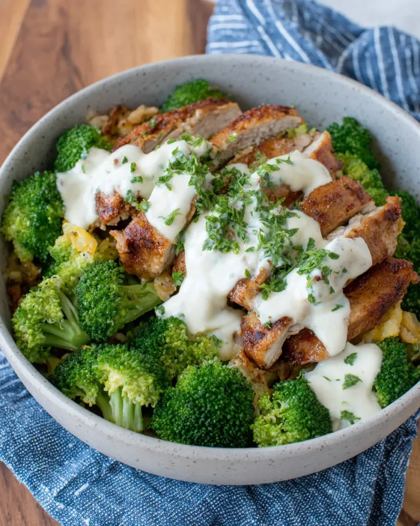 Grilled chicken and broccoli bowl drizzled with creamy garlic sauce, served in a white bowl with fresh parsley garnish, homemade dinner close-up.