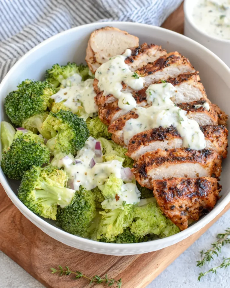 Grilled chicken and broccoli bowl drizzled with creamy garlic sauce, served in a white bowl with fresh parsley garnish, homemade dinner close-up.