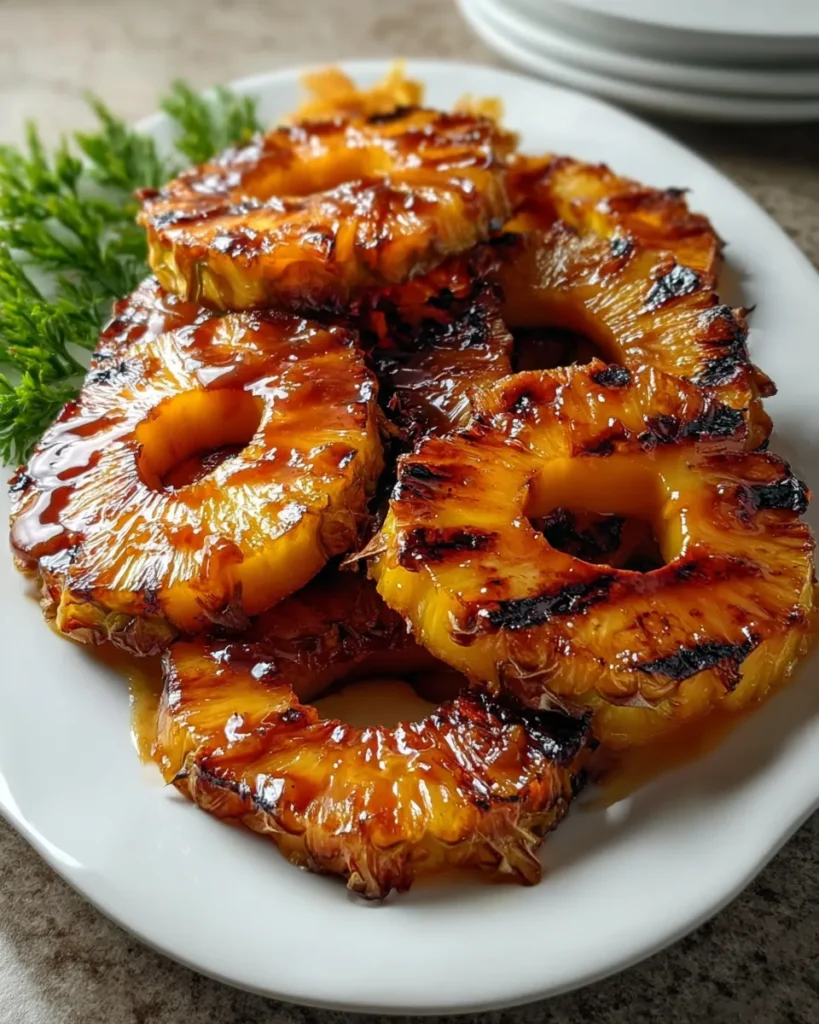 Grilled pineapple slices glazed with cinnamon and rum, caramelized on a barbecue grill and served on a rustic platter with a scoop of vanilla ice cream.