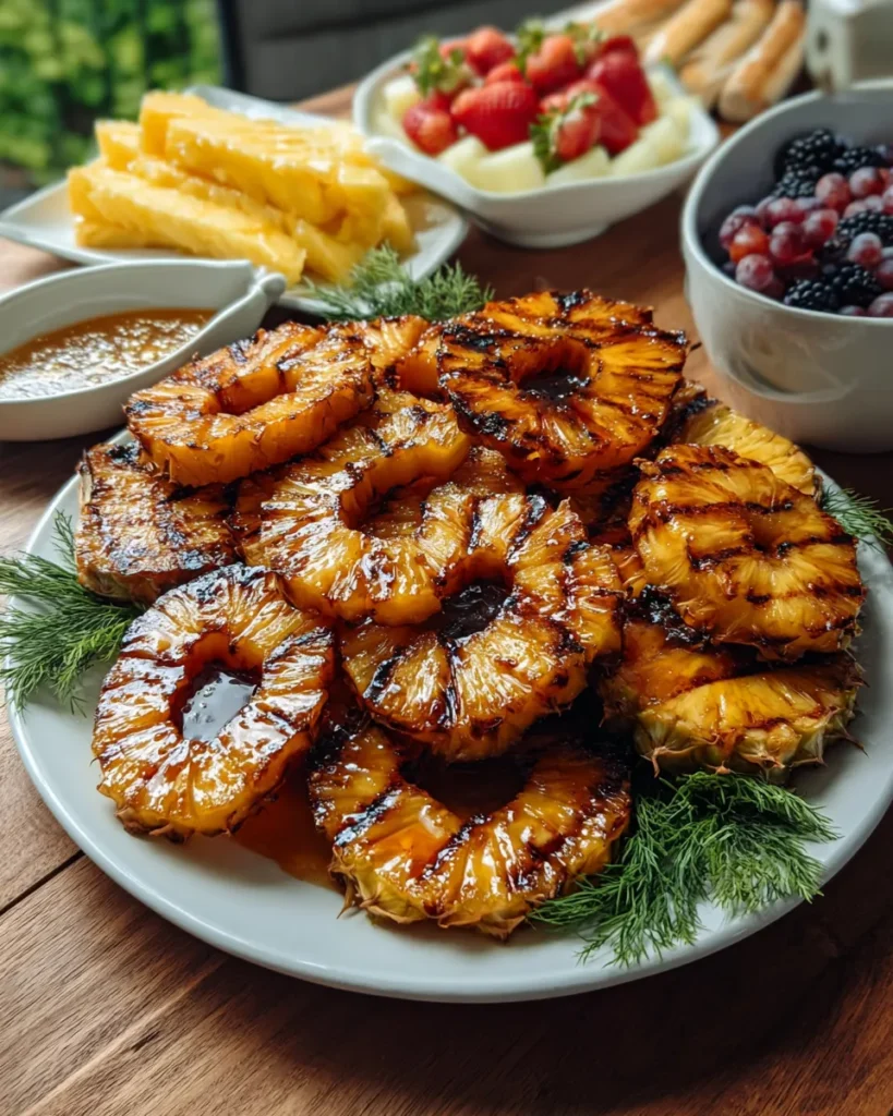 Grilled pineapple slices glazed with cinnamon and rum, caramelized on a barbecue grill and served on a rustic platter with a scoop of vanilla ice cream.