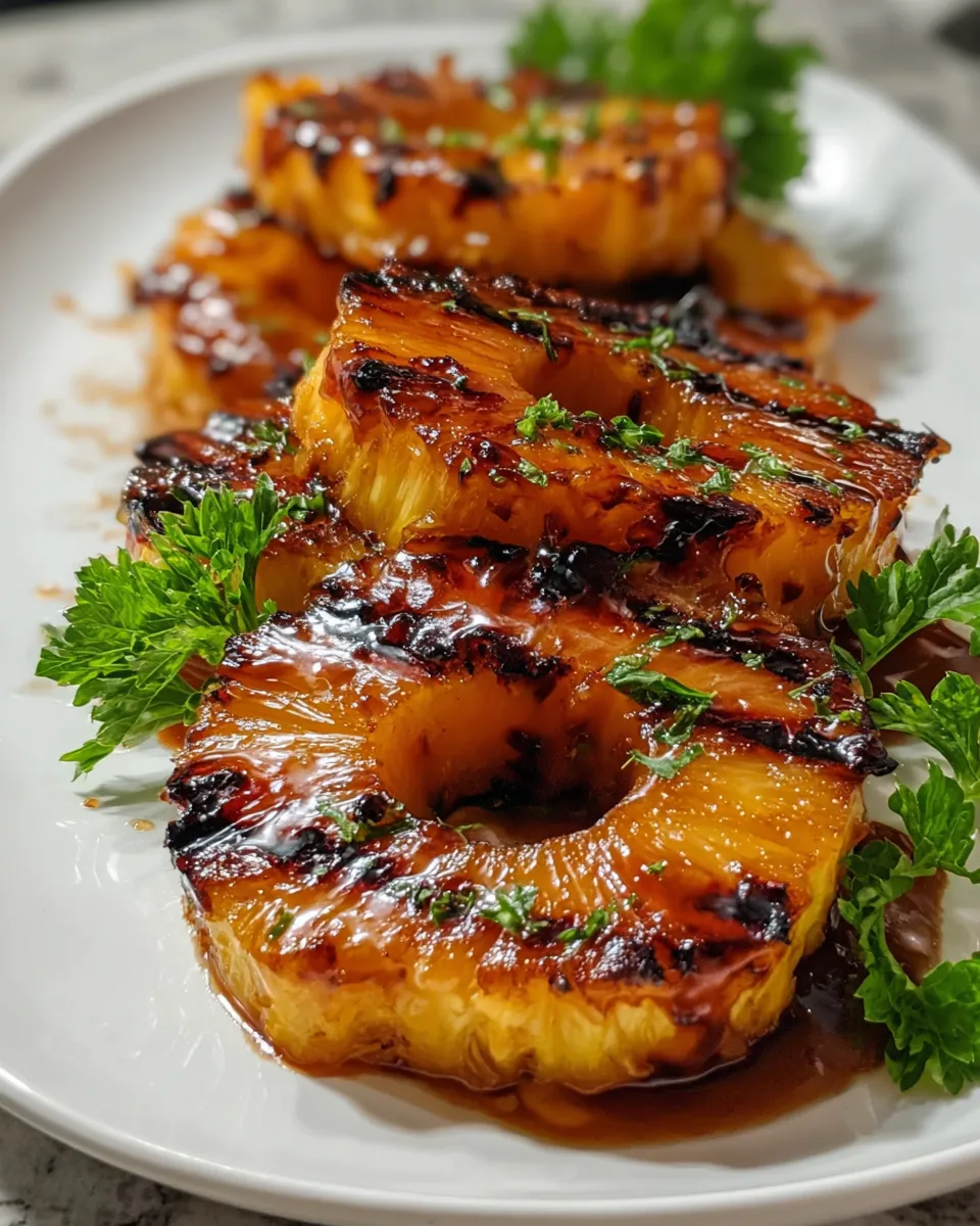 Grilled pineapple slices glazed with cinnamon and rum, caramelized on a barbecue grill and served on a rustic platter with a scoop of vanilla ice cream.