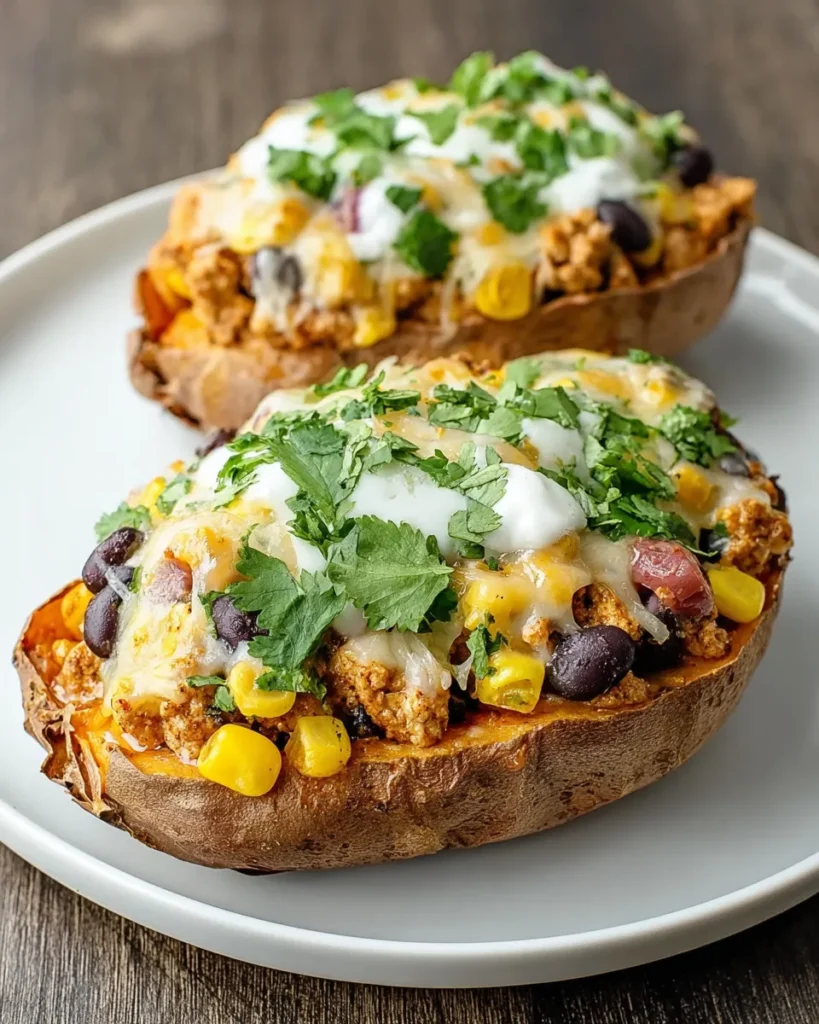 Close-up of savory ground turkey filling with beans, corn, and tomatoes inside a baked sweet potato, topped with melted cheese and herbs