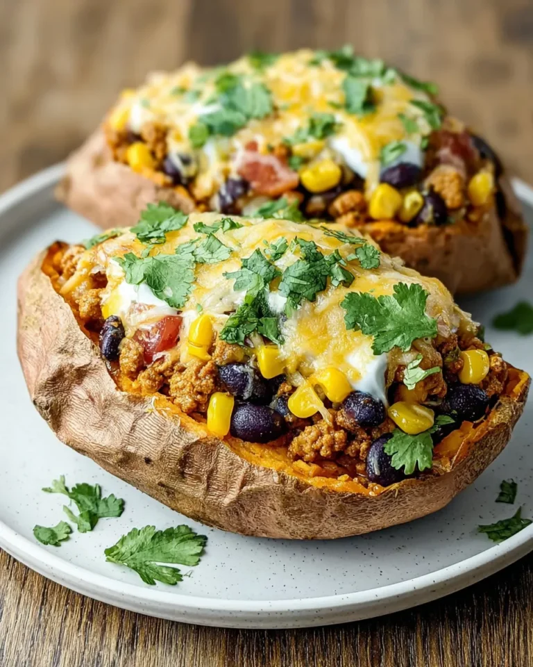 Baked ground turkey stuffed sweet potatoes topped with melted cheese, fresh cilantro, and a dollop of Greek yogurt, served on a white marble surface