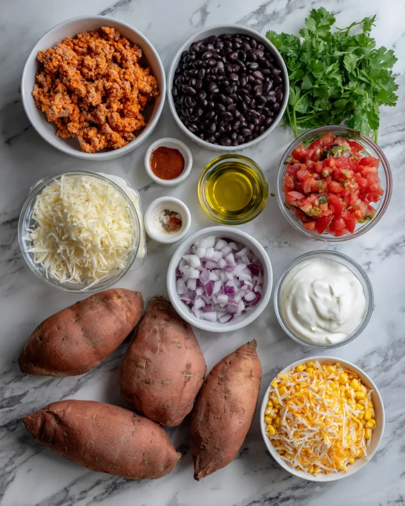 Raw ingredients for ground turkey stuffed sweet potatoes, including sweet potatoes, ground turkey, black beans, corn, diced tomatoes, onion, garlic, shredded cheese, cilantro, and spices, neatly arranged on a white marble surface