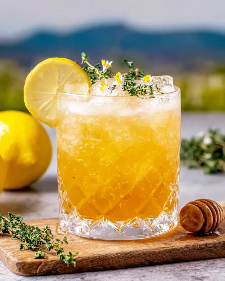 Refreshing Honey Lemon Thyme mocktail in a clear glass with lemon slices and thyme sprigs, set beside a sparkling turquoise swimming pool in bright sunlight.