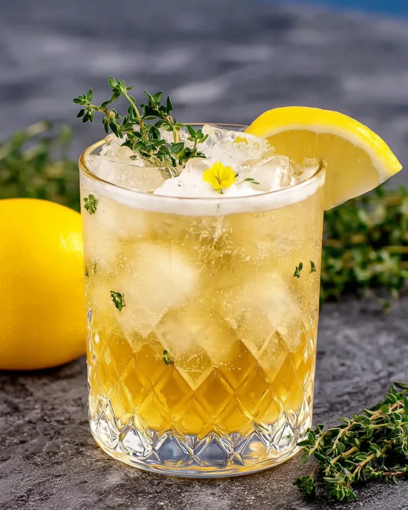 Elegant non-alcoholic Honey Lemon Thyme drink with lemon garnish and edible flowers, placed by the poolside in a relaxed outdoor setting.