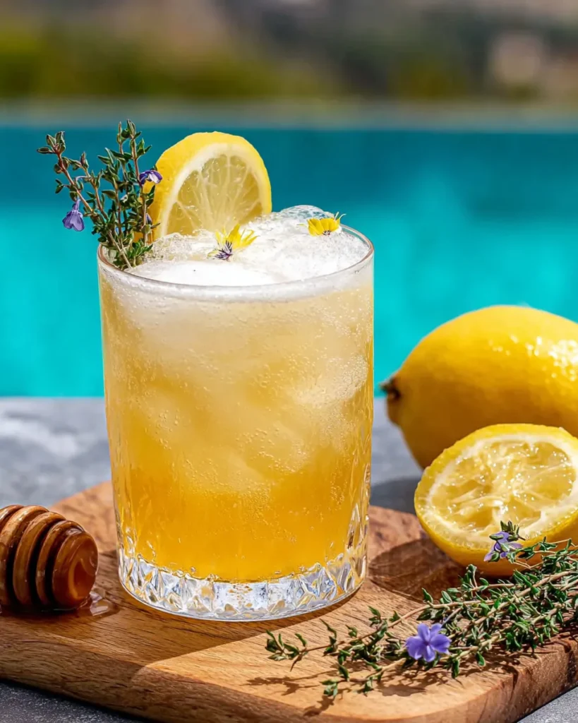 Glass of Honey Lemon Thyme Refresher garnished with lemon and fresh thyme, placed on a small wooden table beside a turquoise swimming pool on a sunny afternoon.