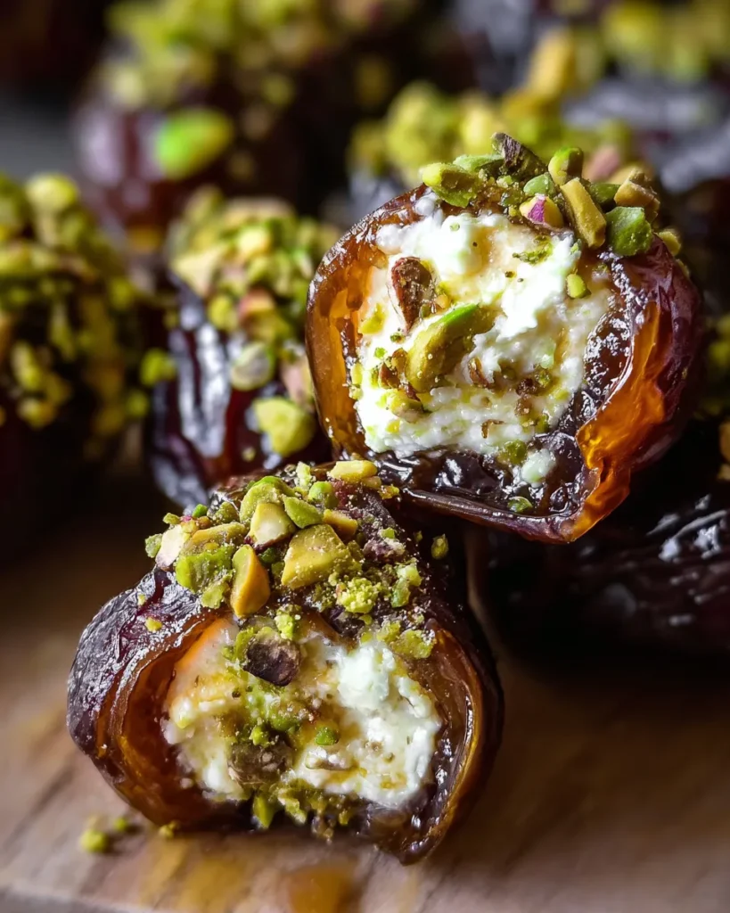 Close-up of Honey Pistachio Ricotta Stuffed Dates on a serving platter, filled with creamy ricotta, topped with chopped pistachios, and drizzled with golden honey, photographed in soft natural light