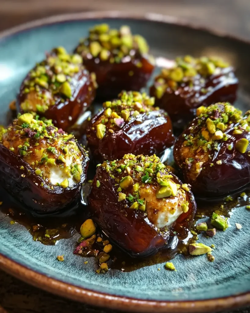 Close-up of Honey Pistachio Ricotta Stuffed Dates on a serving platter, filled with creamy ricotta, topped with chopped pistachios, and drizzled with golden honey, photographed in soft natural light