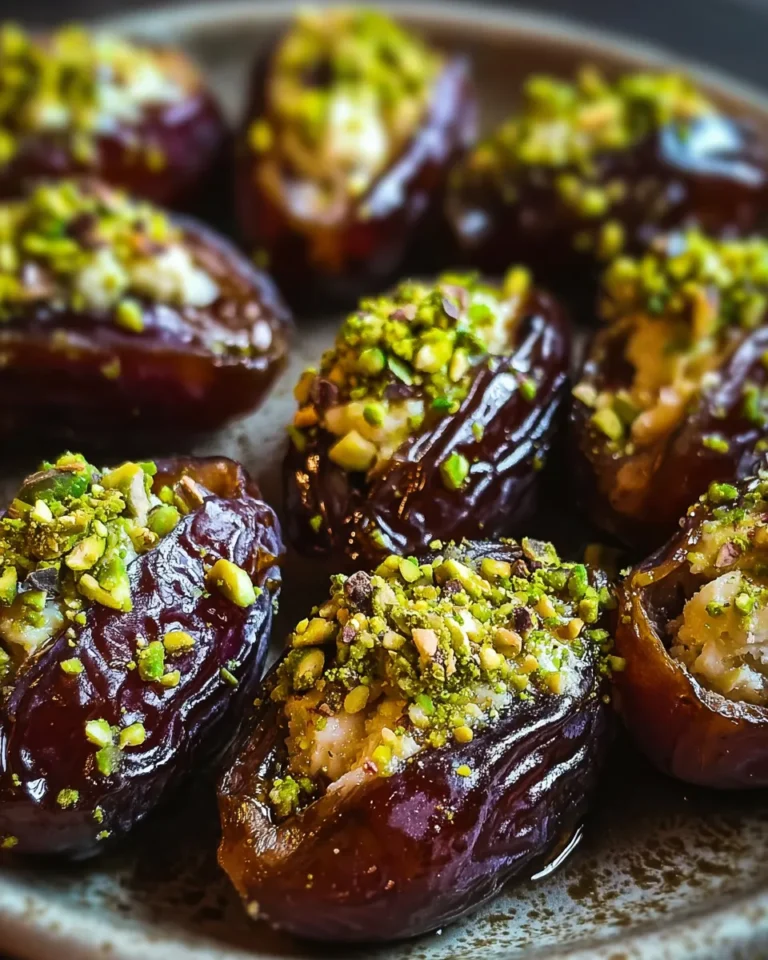Close-up of Honey Pistachio Ricotta Stuffed Dates on a serving platter, filled with creamy ricotta, topped with chopped pistachios, and drizzled with golden honey, photographed in soft natural light