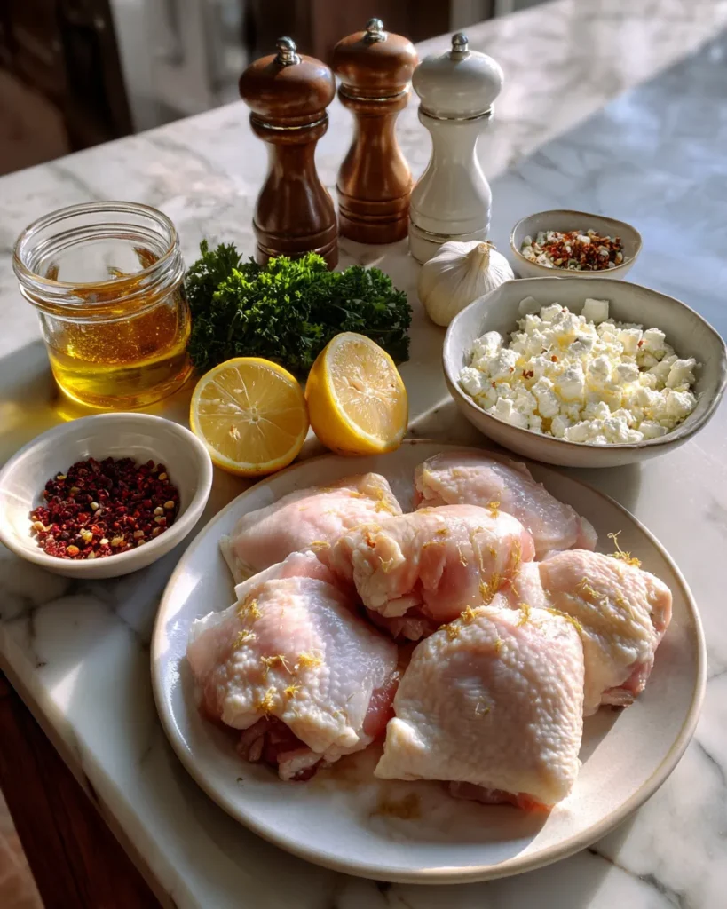 Ingredients for Hot Honey Feta Chicken arranged on a white marble counter, including raw chicken thighs, a jar of honey, chili flakes, garlic, lemon, olive oil, crumbled feta, and assorted spices in small bowls, with soft natural lighting and a casual kitchen setup.