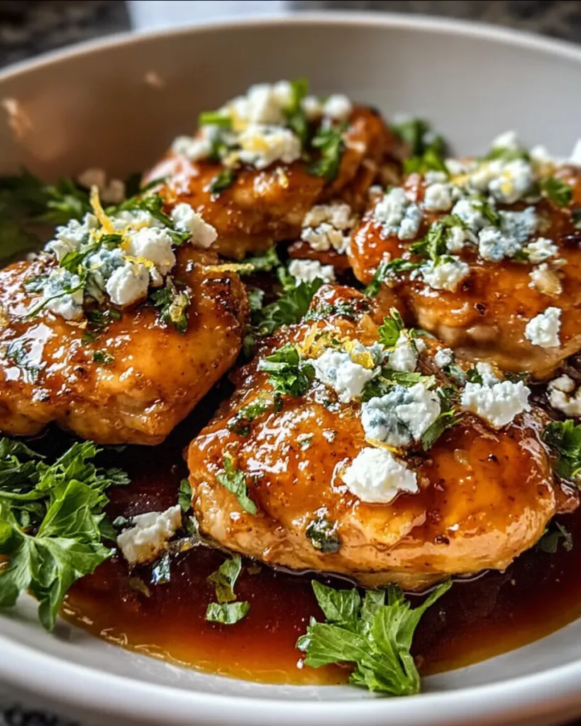 Plated Hot Honey Feta Chicken on a white marble countertop, glazed with spicy honey and topped with melted crumbled feta, fresh herbs, and lemon zest, captured in soft natural lighting.