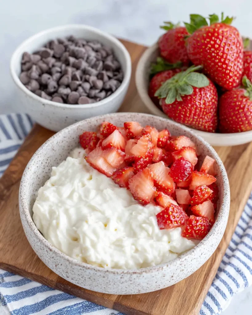 Flat lay of ingredients for chocolate strawberry frozen yogurt bites, including a bowl of chopped fresh strawberries, a container of strawberry Greek yogurt, and a bowl of semi-sweet chocolate chips, arranged on a rustic kitchen counter with natural lighting.