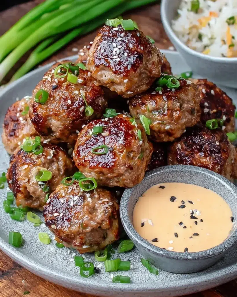 Korean BBQ meatballs served on a rustic wooden table with spicy mayo dip, garnished with sesame seeds and green onions, surrounded by small side dishes for a cozy homemade presentation