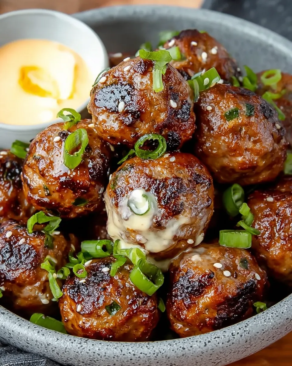 Korean BBQ meatballs served on a rustic wooden table with spicy mayo dip, garnished with sesame seeds and green onions, surrounded by small side dishes for a cozy homemade presentation