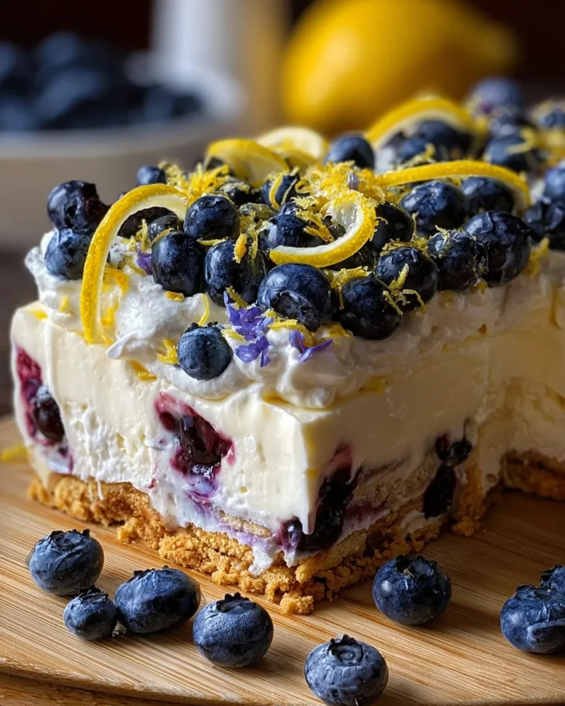 Close-up of a no-bake lemon blueberry cream cake with a buttery graham cracker crust, creamy lemon filling, and fresh blueberries on top.