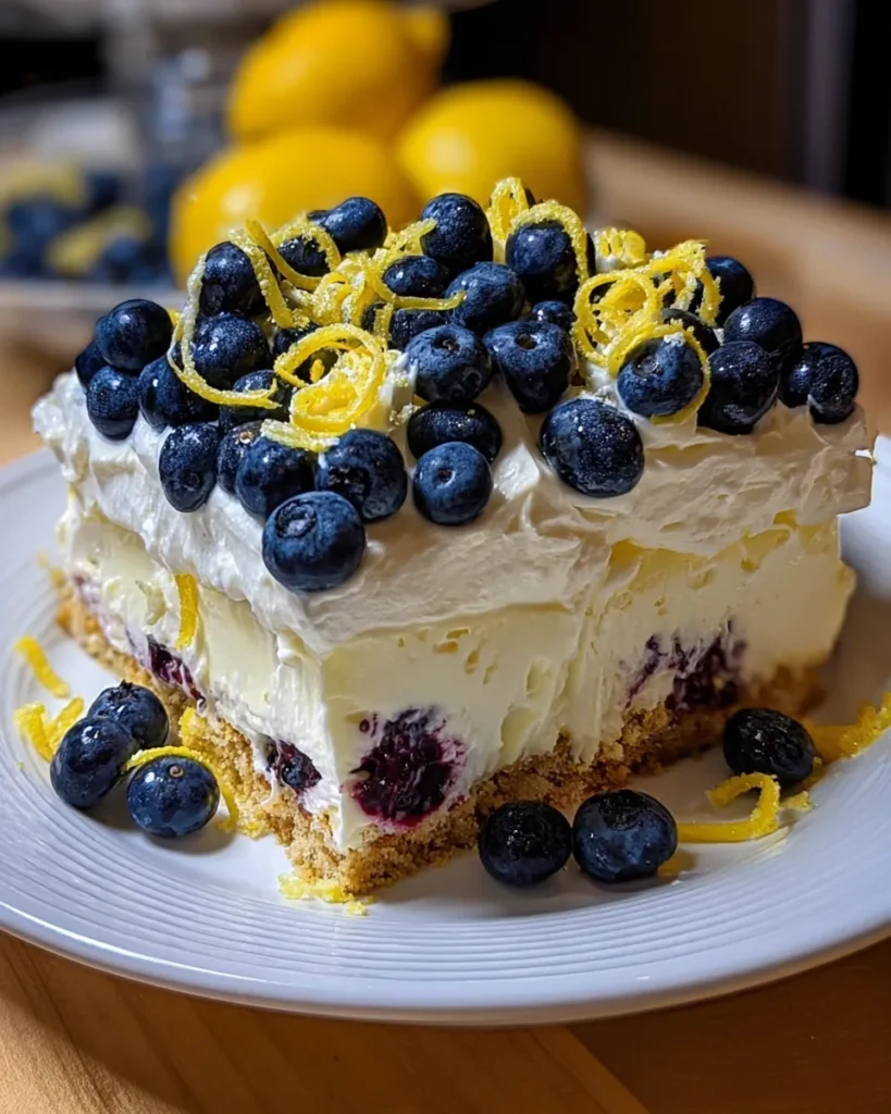 Close-up of a no-bake lemon blueberry cream cake with a buttery graham cracker crust, creamy lemon filling, and fresh blueberries on top.