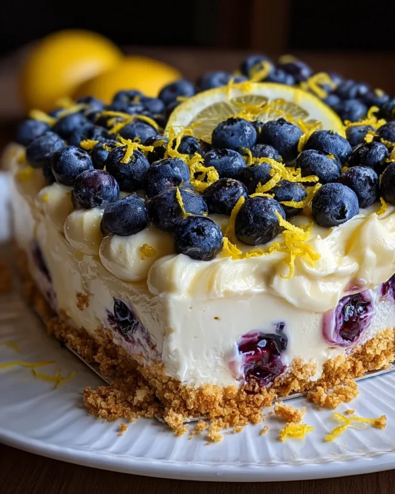 Close-up of a no-bake lemon blueberry cream cake with a buttery graham cracker crust, creamy lemon filling, and fresh blueberries on top.