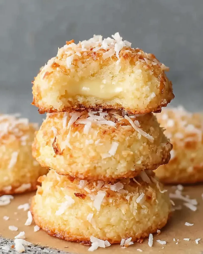 Close-up of Lemon Coconut Heaven Cookies with a creamy lemon coconut filling, sandwiched between buttery shortbread cookies, sprinkled with shredded coconut