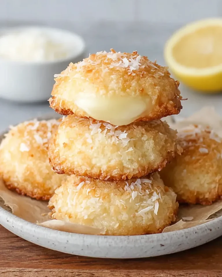 Close-up of Lemon Coconut Heaven Cookies with a creamy lemon coconut filling, sandwiched between buttery shortbread cookies, sprinkled with shredded coconut