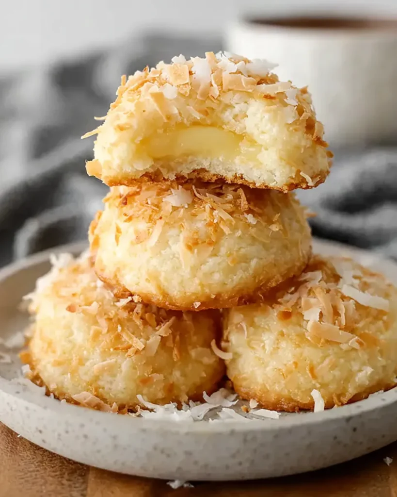 Close-up of Lemon Coconut Heaven Cookies with a creamy lemon coconut filling, sandwiched between buttery shortbread cookies, sprinkled with shredded coconut