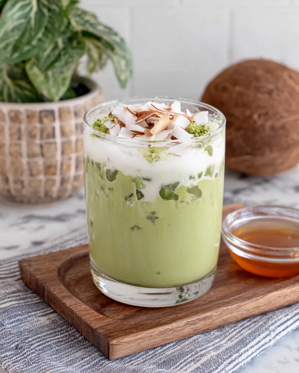 Overhead view of neatly arranged Matcha Coconut Cloud ingredients including matcha powder, coconut milk, sparkling water, coconut cream, condensed milk, vanilla extract, and honey on a light background.
