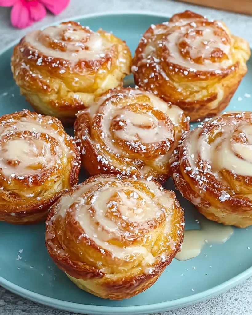 Close-up of golden-brown Peach Pie Cruffins with flaky layers, swirled with peach preserves and cinnamon, drizzled with a creamy glaze, served warm in a muffin liner.