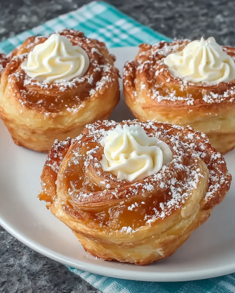 Close-up of golden-brown Peach Pie Cruffins with flaky layers, swirled with peach preserves and cinnamon, drizzled with a creamy glaze, served warm in a muffin liner.