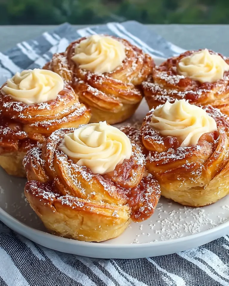 Close-up of golden-brown Peach Pie Cruffins with flaky layers, swirled with peach preserves and cinnamon, drizzled with a creamy glaze, served warm in a muffin liner.
