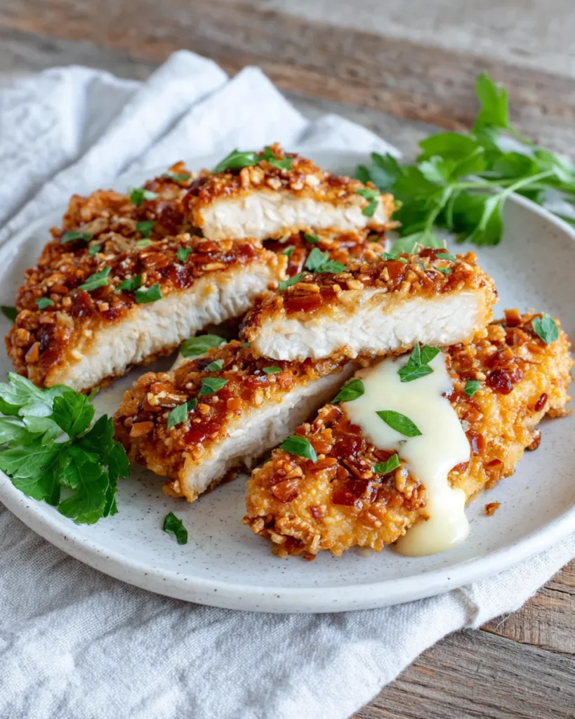 Close-up of Pretzel Chicken with Mustard-Cheddar Sauce, showing golden crispy pretzel crust on tender chicken topped with creamy cheddar-mustard sauce, served on a white plate with a garnish of parsley.