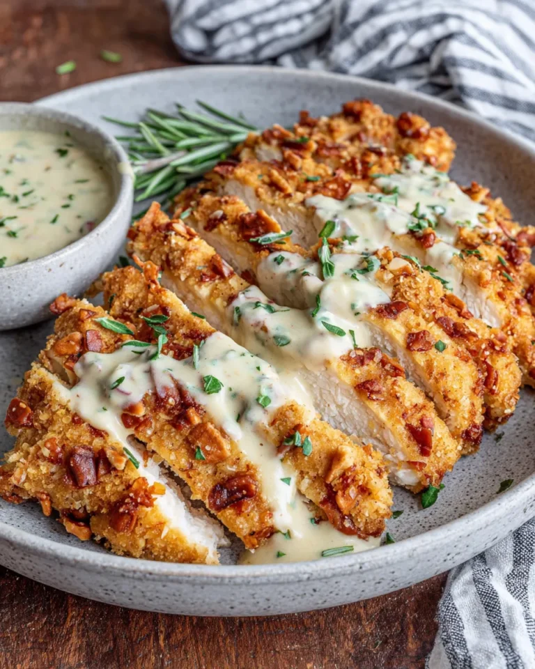 Close-up of Pretzel Chicken with Mustard-Cheddar Sauce, showing golden crispy pretzel crust on tender chicken topped with creamy cheddar-mustard sauce, served on a white plate with a garnish of parsley.