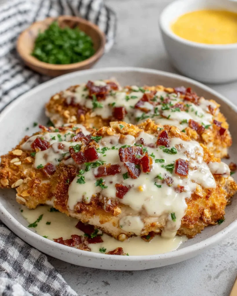 Close-up of Pretzel Chicken with Mustard-Cheddar Sauce, showing golden crispy pretzel crust on tender chicken topped with creamy cheddar-mustard sauce, served on a white plate with a garnish of parsley.