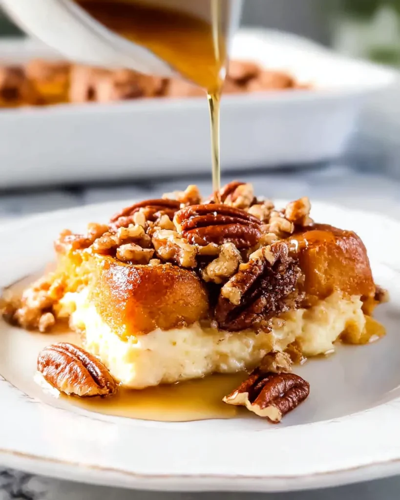 Pumpkin French Toast Bake with Cream Cheese Filling is a cozy fall casserole layered with cream cheese and a pecan topping.