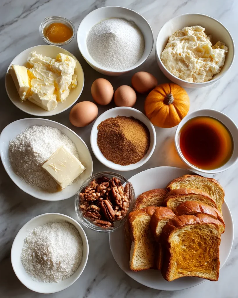 Overhead view of ingredients for Pumpkin French Toast Bake including cream cheese, powdered sugar, vanilla, butter, chopped pecans, brown sugar, eggs, cinnamon, pumpkin spice, milk, canned pumpkin puree, sweetened condensed milk, sliced brioche bread, maple syrup, and powdered sugar on a white marble counter.